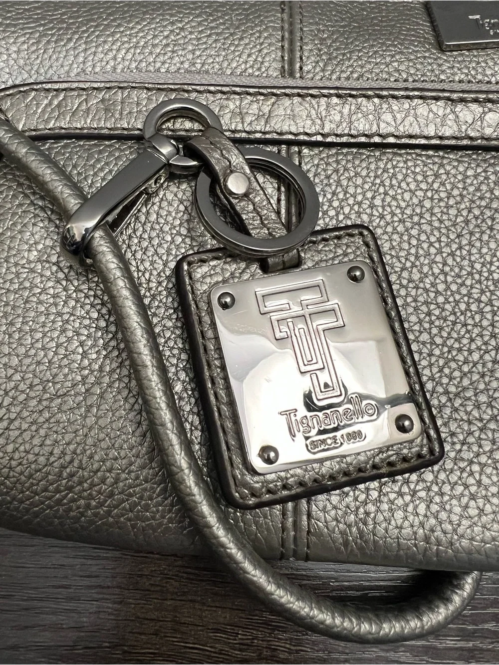 Tignanello Metallic Silver Pebbled Leather Crossbody with Keyring EUC